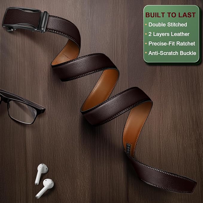 BULLIANT Mens Ratchet Belt,Leather Adjustable Slide Belt For Gift Mens Dress Casual 1 3/8",Size Adjustable