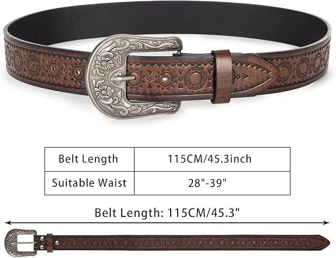 Mealah Vintage Western-Cowboy-Belt for Women Men - Carved Buckle PU Leather Waist Belts (for Waist 28"-38")