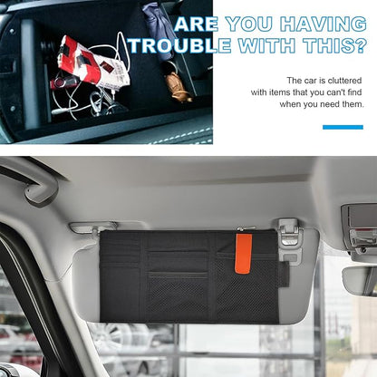 2 PCS Car Sun Visor Organizer, Auto Interior Visor Storage Pouch Holder with Zipper, Multi-Pocket Net Personal Belonging Organizer, Universal Car Accessory for Card, Document (Black)