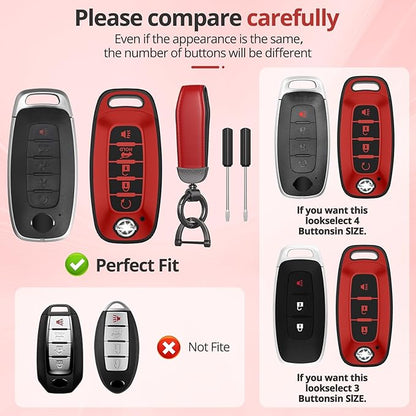 For Nissan Key Fob Cover Accessories- Matte TPU Key Fob Cover with Leather Keychain for 2023 2024 Rogue Pathfinder Versa 2025 Sentra Patrol Armada Smart and More (Matte Red, 5 Buttons)