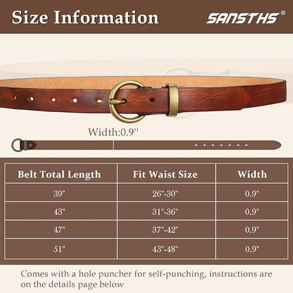 SANSTHS Womens Genuine Leather Belts for Jeans Pants Trendy Vintage Thin Leather Belt Gold Buckle Ladies Skinny Waist Belt