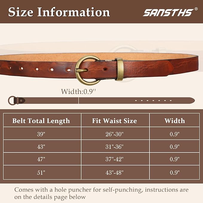 SANSTHS Womens Genuine Leather Belts for Jeans Pants Trendy Vintage Thin Leather Belt Gold Buckle Ladies Skinny Waist Belt