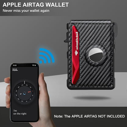 Airtag Wallet for Men, Mens Smart Wallet for Air Tag RFID Blocking, Minimalist Bifold Pop Up Aluminum Credit Card Case Holder 12+ Cards with ID Window, Gift for Men, No Airtag Included, Carbon Red