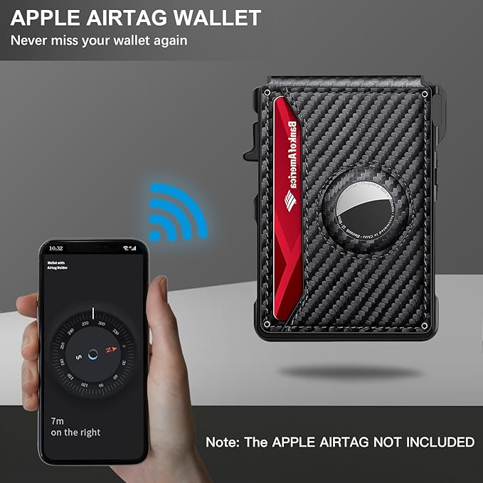 Airtag Wallet for Men, Mens Smart Wallet for Air Tag RFID Blocking, Minimalist Bifold Pop Up Aluminum Credit Card Case Holder 12+ Cards with ID Window, Gift for Men, No Airtag Included, Carbon Orange