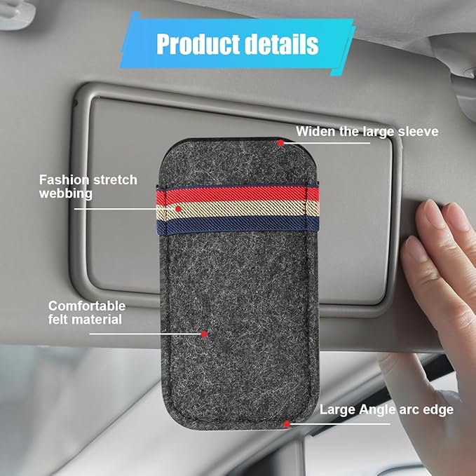 Sunglass Holder for Car Sun Visor Organizer – 6.1"×3.6" Soft Felt Eyeglasses Organizer Card Pocket for Pen Invoice, Universal Clip-on Glasses Holder Storage Pouch for Cars SUV Trucks (Grey)