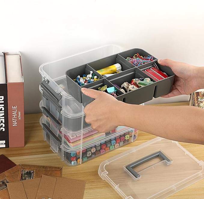 JUXYES 4-Tiers Stack Carry Storage Box With 2 Divided Tray, Transparent Stackable Storage Bin With Handle Lid Latching Storage Container for School & Office Supplies, Gray