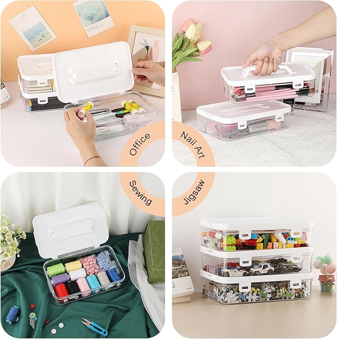 BTSKY Clear Plastic Storage Container with Lid & Handle, Multipurpose Craft Organizers and Storage Box, Easy Carry & Stack Flat Storage Box for Pencils Markers Crayons Sticky Notes, 1 Pack
