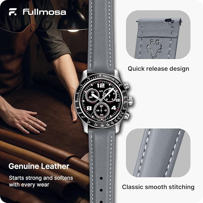 Fullmosa Watch Straps 20mm, Axus Series Leather Strap Replacement Watch Strap with Stainless Steel Metal Clasp for Men Women 14/16/18/20/22/24mm, Grey 20mm