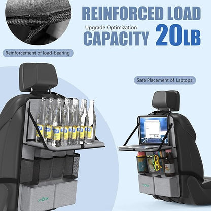 Plzpik Car Backseat Organizer with Tablet Holder,11 Storage Pockets with Foldable Food Tray, Protector Kick Mats for Kids, Travel Accessories Organizer (Gray, 1Pack with Food Tray)