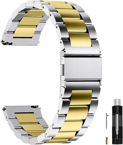 Fullmosa 22mm Stainless Steel Watch Band, Quick Release Metal Replacement Strap with Removable Links, Includes Spring Bars & Link Removal Tool for Men Women (Silver+Golden)