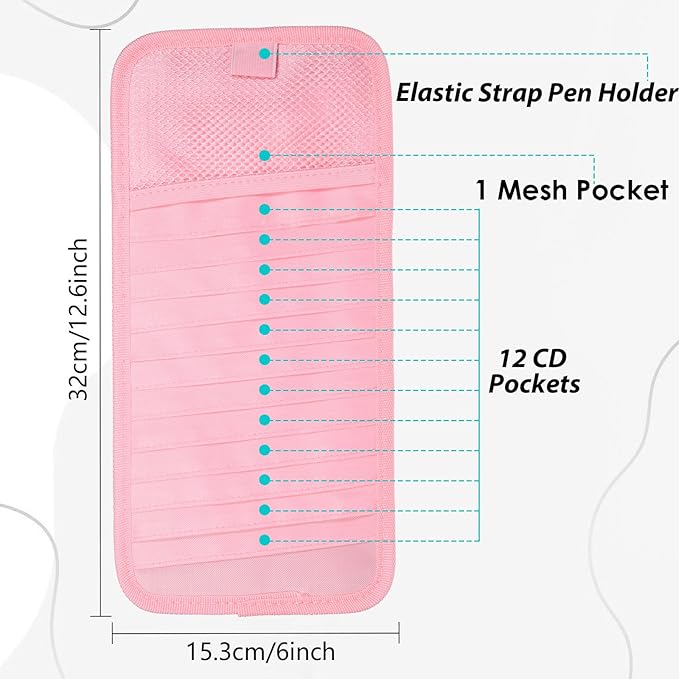 Car CD Case Holder, DVD Vehicle Visor Storage Orangizer Vehicle Sun Visor Organizer Large Capacity CD Case With 12 DVD Storage Sleeves, Mesh Pocket, Pen Holder And Elastic Strap, Pink Canvas Material