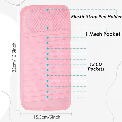 Car CD Case Holder, DVD Vehicle Visor Storage Orangizer Vehicle Sun Visor Organizer Large Capacity CD Case With 12 DVD Storage Sleeves, Mesh Pocket, Pen Holder And Elastic Strap, Pink Canvas Material