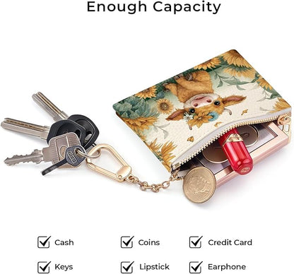 Highland Cow Cattle Keychain Coin Purse for Women, Small PU Leather Change Pouch, Zipper Little Tiny Travel Wallet for Girls, Cute Kawaii Zip Pocket Coin Holder with Key Ring