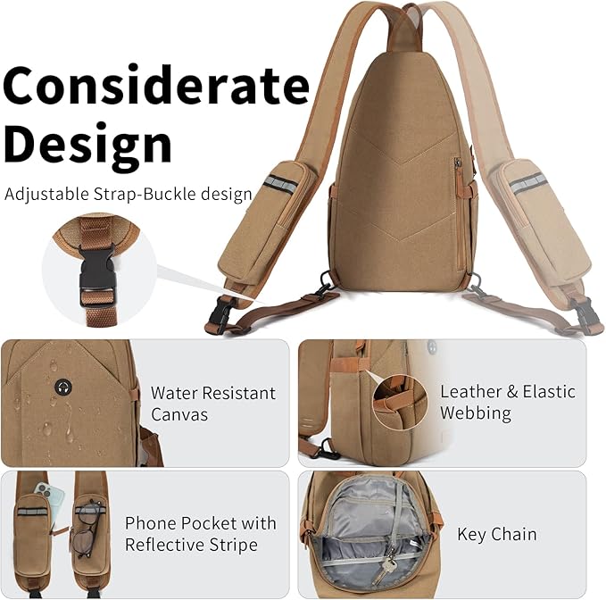 OSOCE Sling Bag for Men, Anti Theft Crossbody with Tunnel Lock, Waterproof Canvas Shoulder Backpack for Travel Hiking Daily