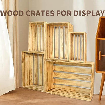 5 Pcs Decorative Wood Crates for Display, 5 Size Large Farmhouse Wooden Basket for Storage Container and Decorations, Rustic Nesting Crates Decor Boxes with Handle