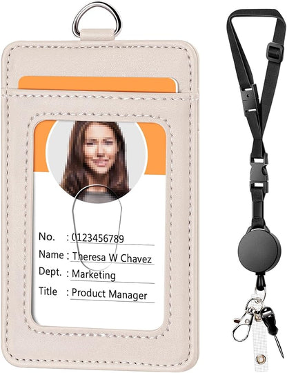 Leather Badge Holder and Adjustable Retractable Lanyards, Quick Release Buckle and Safety Breakaway Lanyards with Swivel Metal Clasp for Offices, Staff, Students, Employees