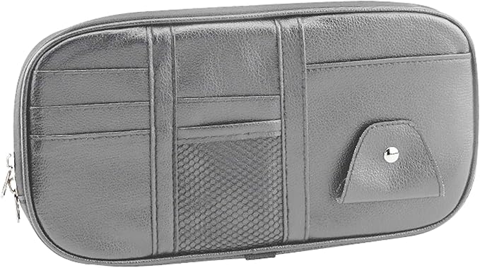Car Sun Visor Organizer, Sunglass Holder and Storage Pocket, Card Cash Pouch with Multi-Pocket Net Zipper, Case Bag for License Pen Key, Auto Accessories for Truck, SUV, Van (Gray)
