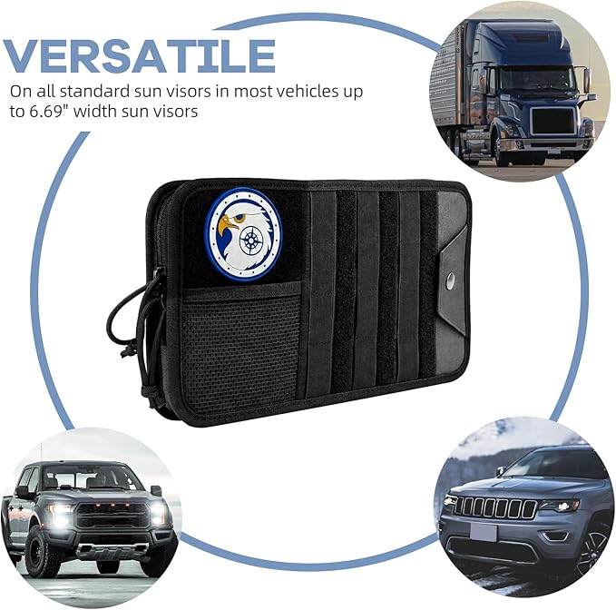 TICARVE Car Sun Visor Organizer, Multi-Pocket Visor Organizer Storage Pouch, Heavy Duty Molle Panel with Double Zippers, Elastic Bands & Glasses Clip, Tactical Storage Pouch for Cars, SUVs, Trucks