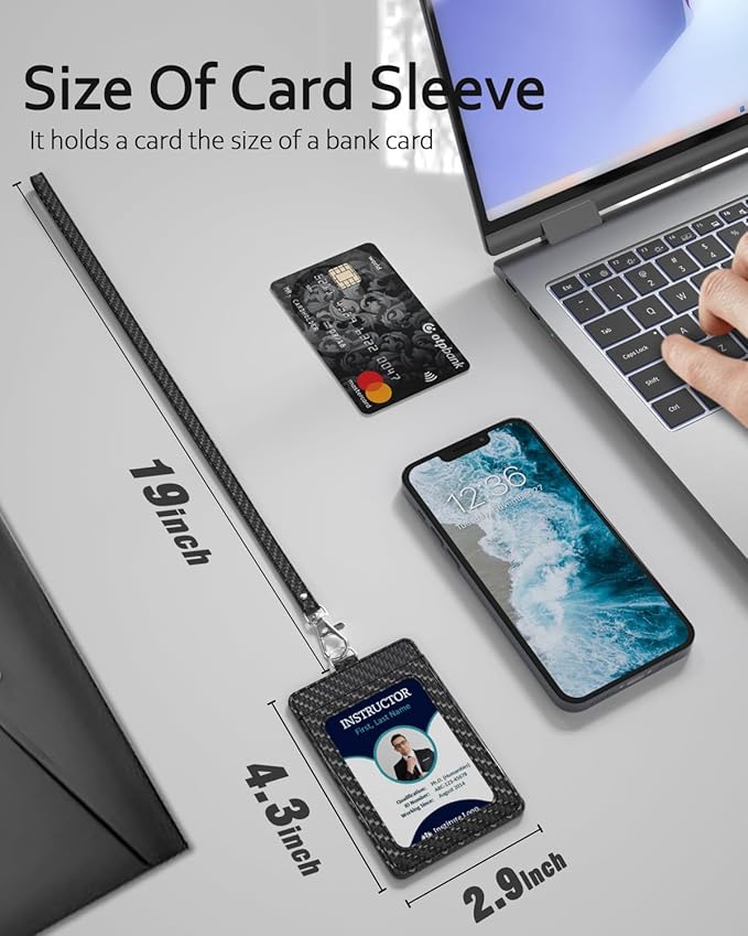 Carbon Fiber Work ID Card Holder with Lanyard is a Stylish and Durable Card Holder with Dual Card Capacity, Clear Display Window and Privacy Back Pocket (Black)