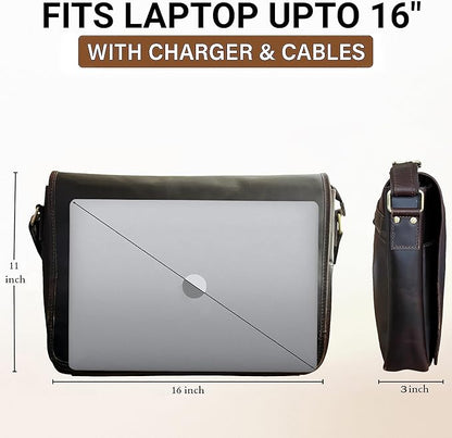Leather Messenger Bag for Men 16" Full Grain Leather Laptop Bag Vintage Crossbody Office Satchel Travel Shoulder Bag