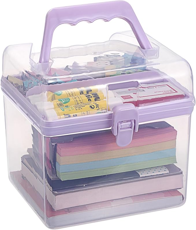 BTSKY Multipurpose Plastic Craft Storage Containers with Removable Tray, Clear Plastic Storage Box with Lid & Handle, Easy Carry & Stack Small Storage Container, 6.3x5.6x6.3 Inch, Square-Purple
