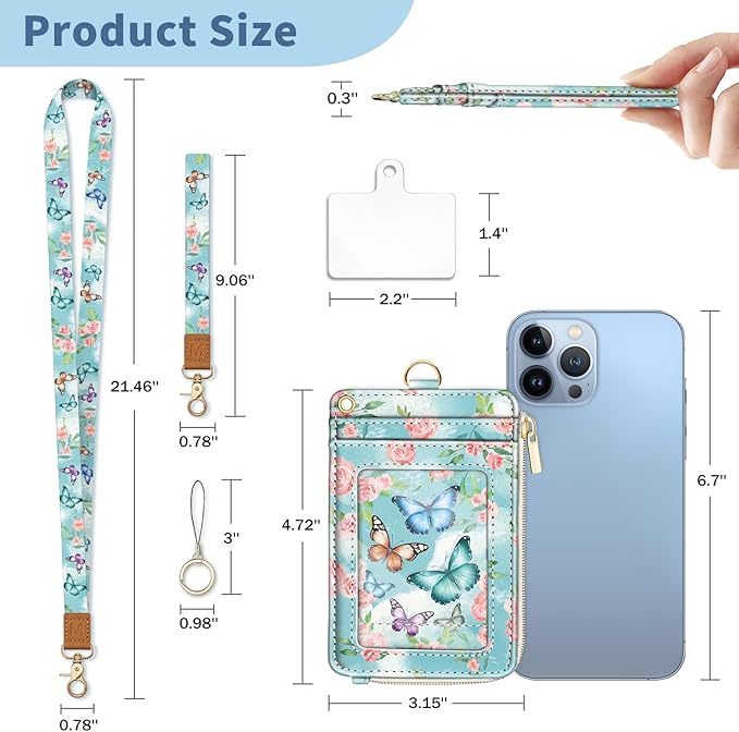 Lanyard Wallet with Id Badge Holder, Butterfly RFID Small Keychain Wallet Women Wristlet, Cute Zipper Credit Card Holder Phone Wrist Neck Strap for Key Name Tag, Teacher Student Office Gifts