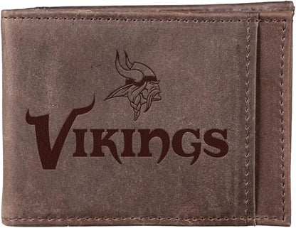 Team Sports America NFL Minnesota Vikings Front Pocket Slim Wallet for Men | Minimalist Leather RFID Blocking Bifold Card Holder with Money Clip | Officially Licensed Stamped Logo