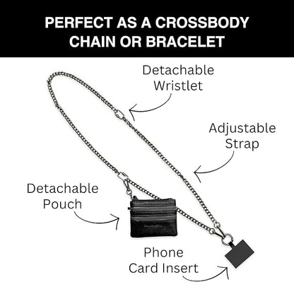 Save the Girls Clip and Go Phone Metal Chain with Pouch (Gun Metal - Black Pouch) – Stylish Phone Lanyard Crossbody with Wallet for Women, Hands-Free Carrying and Adjustable Crossbody Chain Strap