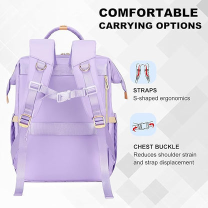 Lunch Backpack, 15.6 inch Laptop Backpack with Insulated Lunch Bag, Backpack Cooler for Women, Large Travel Backpack Lunch Box Compartment, Work Computer Backpack, Teacher College Book Bag, Purple