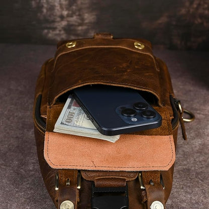 Thick Crazy horse Leather Triangle Crossbody Sling Chest Bag Travel One Shoulder Bag Daypack For Men Male 3028