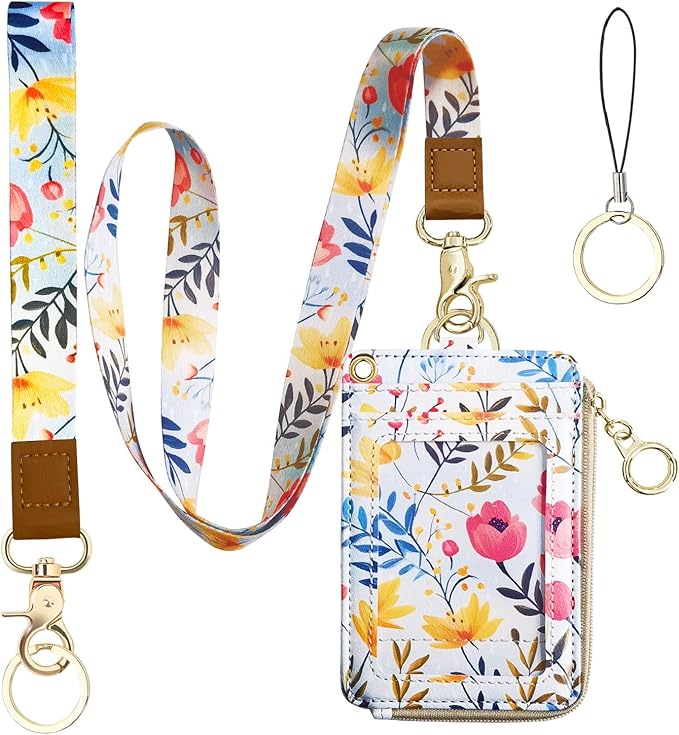 2-in-1 ID Badge Holder & Lanyard Wallet Floral Lanyard with ID Holder Teacher Nurses Woker Cute Lanyards for Name Tag Badge ID Card Holders with Removable Wristlet & Neck Lanyard Zipper Coin Pouch