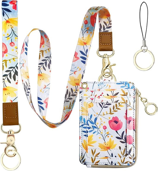 2-in-1 ID Badge Holder & Lanyard Wallet Floral Lanyard with ID Holder Teacher Nurses Woker Cute Lanyards for Name Tag Badge ID Card Holders with Removable Wristlet & Neck Lanyard Zipper Coin Pouch