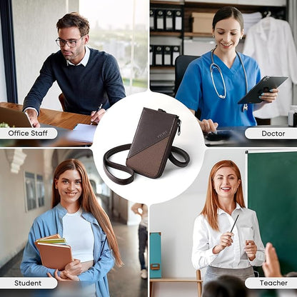 VULKIT Leather Work ID Badge Holder for Lanyard with Zipper Pocket, Work Badge Lanyard for Women and Men, Suitable for Offices Staff, Teacher, Can Hold Coins, Key, Cash, Credit Card, Chocolate Brown