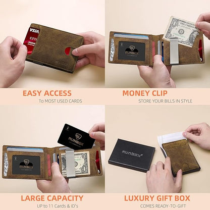 RUNBOX Slim Wallets for Men - Leather Money Clip Mens Wallet - RFID Blocking Front Pocket Bifold Wallet - Thin Credit Card Holder with Gift Box