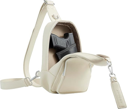 CCW Sling bag for Women & Men-Magnetic closure Cusual EDC bag with fast access-Concealed carry crossbody bag for Women & Men-Include universal fast draw Holster (Beige)