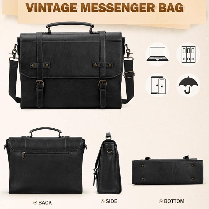 RAINSMORE Mens Messenger Bag 18 Inch Waterproof Vintage Leather Laptop Briefcase Large Laptop Bag Satchel Bag Computer Shoulder Bag for Office Business Travel College,Black