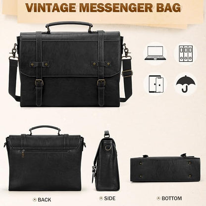 RAINSMORE Mens Messenger Bag 18 Inch Waterproof Vintage Leather Laptop Briefcase Large Laptop Bag Satchel Bag Computer Shoulder Bag for Office Business Travel College,Black