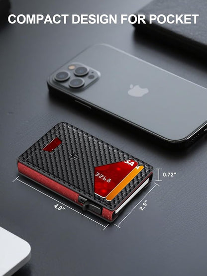 Wallet for Men, Slim Minimalist Wallet with Money Clip＆ID Window, RFID Blocking Pop-Up Credit Card Holder, Smart Auminum Mens Wallet Holds 9-13 Cards (Gift Box) (Carbon Fiber & Red)