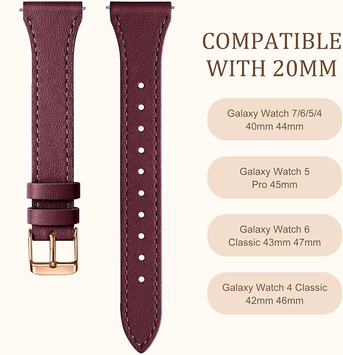 GEAK Slim Leather Band Compatible with Galaxy Watch 7 Band/6 5 4 FE 40mm 44mm/5 pro 45mm/Classic/Galaxy Active 2, 20mm Genuine Leather Strap with Quick Release Buckle for Samsung Watch Bands Women
