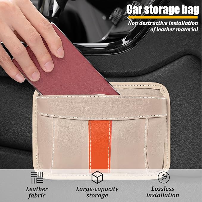 Car Seat Side Pocket Organizer, Leather Vehicle Seat Gap Filler Organizer, Automotive Console Side Cell Phone & Sunglasses Holder Storage Bag, Universal for SUV Automobile Truck (Beige)