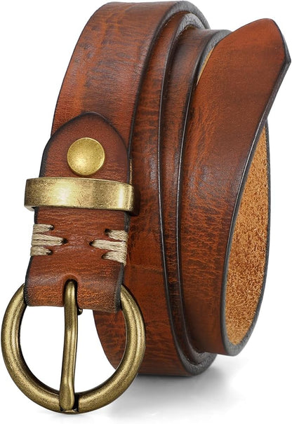 SANSTHS Womens Genuine Leather Belts for Jeans Pants Trendy Vintage Thin Leather Belt Gold Buckle Ladies Skinny Waist Belt