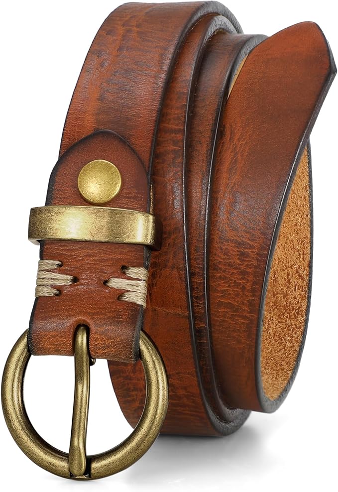 SANSTHS Womens Genuine Leather Belts for Jeans Pants Trendy Vintage Thin Leather Belt Gold Buckle Ladies Skinny Waist Belt