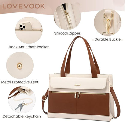LOVEVOOK Laptop Tote for Women - 15.6 Inch Professional Leather Computer Briefcase with Waterproof Handbag Shoulder Bag Large Capacity Business Teacher Office Crossbody Purse