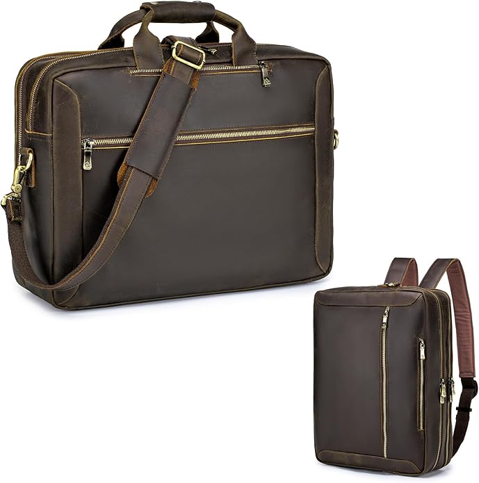Large Full Grain Leather Briefcase Convertible Backpack For Men Business Travel Case Messenger Bag Fits 17.3" Laptop