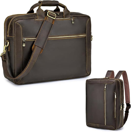 Large Full Grain Leather Briefcase Convertible Backpack For Men Business Travel Case Messenger Bag Fits 17.3" Laptop