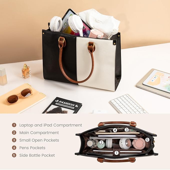 LOVEVOOK Laptop Tote Bag for Women, 15.6 Inch Large Capacity Vintage Leather Work Computer Bag, Business Casual Shoulder Handbag, Black & White & Brown