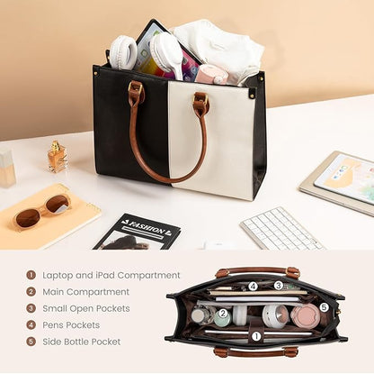 LOVEVOOK Laptop Tote Bag for Women, 15.6 Inch Large Capacity Vintage Leather Work Computer Bag, Business Casual Shoulder Handbag, Black & White & Brown