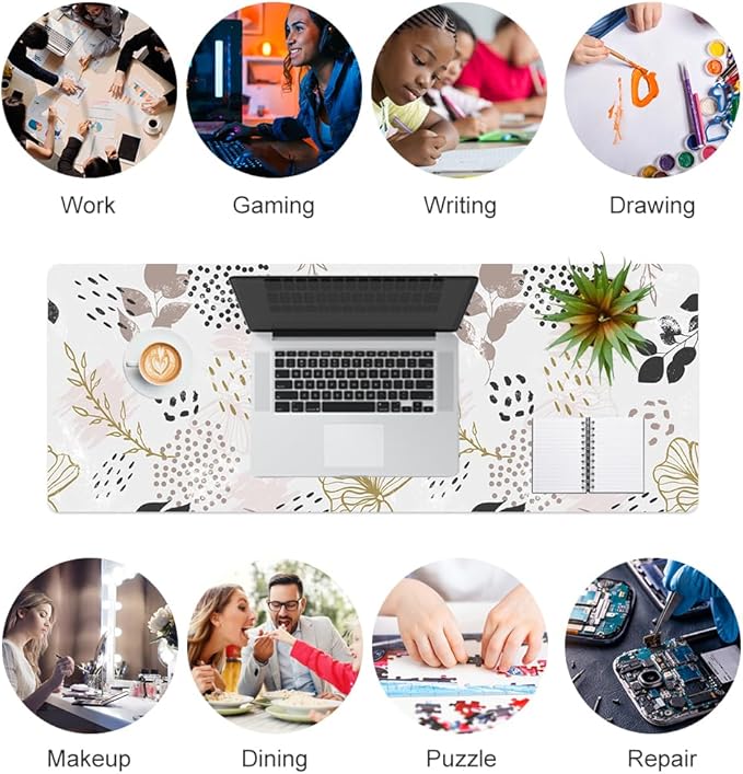 QiyI Large Mouse Pad for Desk, Cute Desk Mat for Desktop, Women Girls Office Décor Desk Accessories, PU Leather Waterproof Gaming Mousepad, Boho Botanical Desk Pad Computer Mat, 31.5" x 11.8"