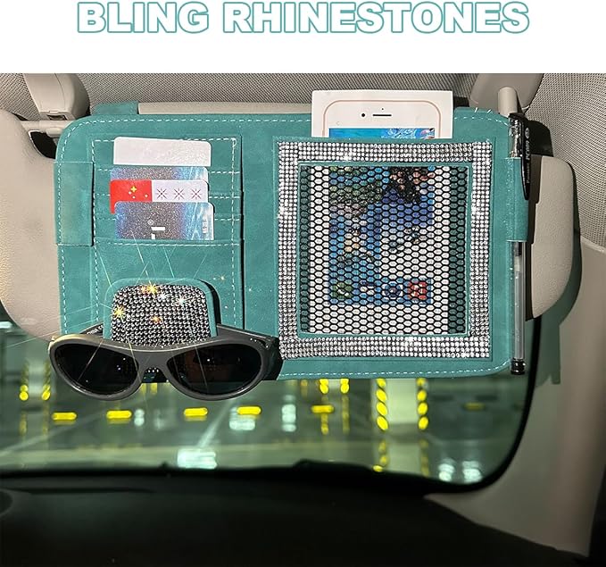 BESULEN Bling Car Sun Visor Organizer, Multi-Pocket Crystal Rhinestone Leather Vehicle Sunvisor Storage Pouch, Sparkling Diamond Auto Sunshade Eyeglasses Card Pen Holder, Universal Fit (Blue)