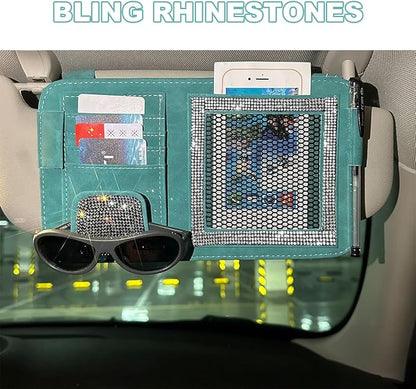 BESULEN Bling Car Sun Visor Organizer, Multi-Pocket Crystal Rhinestone Leather Vehicle Sunvisor Storage Pouch, Sparkling Diamond Auto Sunshade Eyeglasses Card Pen Holder, Universal Fit (Blue)